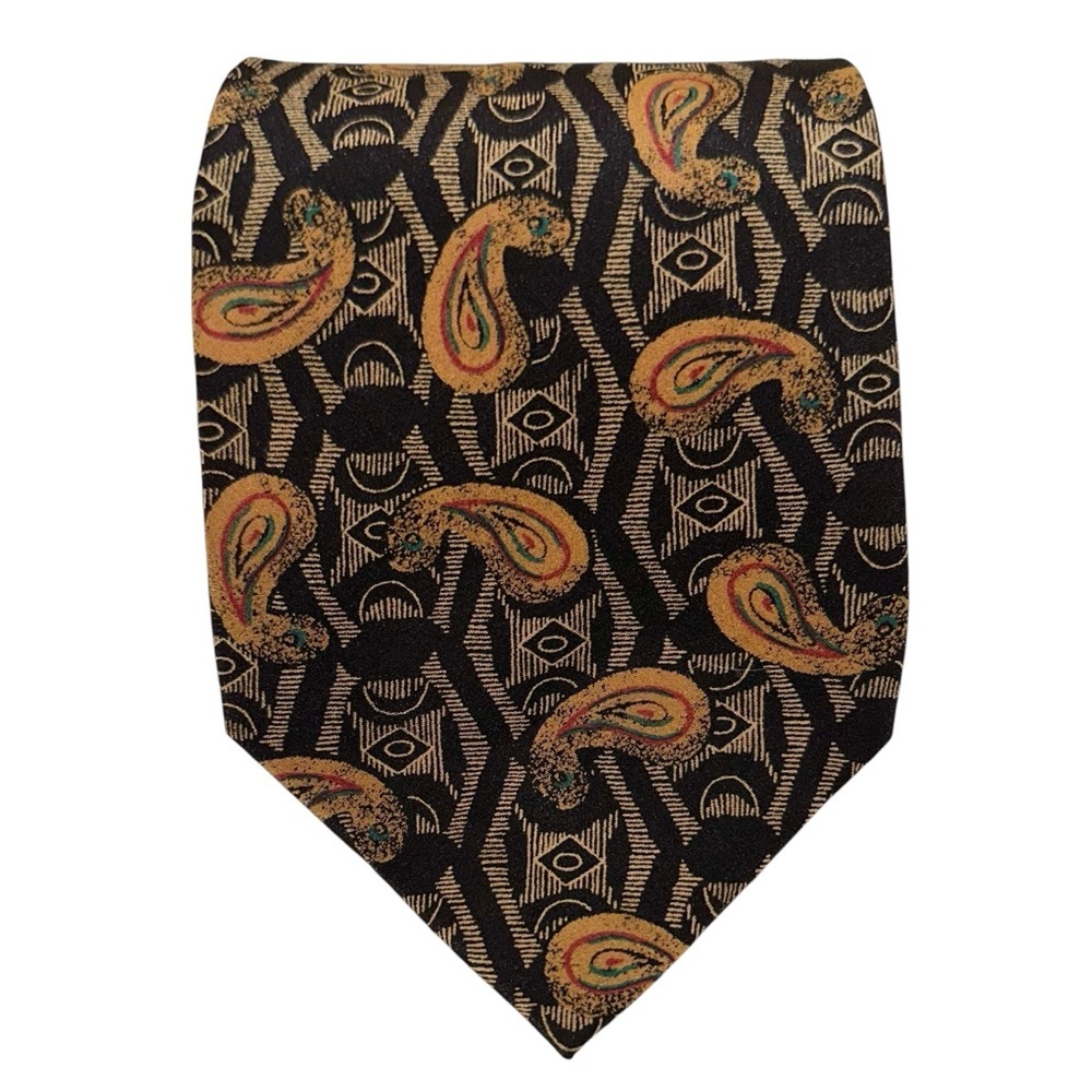 Vtg Valentino Cravatte Mens Tie Silk Black Gold Paisley Handmade Italy 58x3.5”